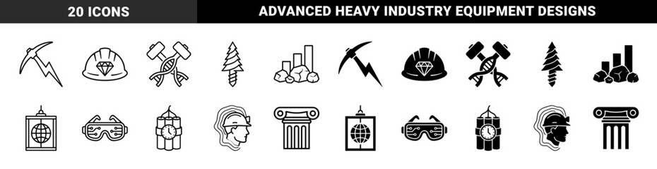 Obraz premium Industrial Mining and Resource Extraction Hybrid Icons Featuring Pickaxe Lightning Bolt DNA Sledgehammer and Diamond Safety Helmet Designs
