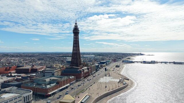 ​Drone shot of Blackpool seafront, North Pier, and Irish Sea coastline