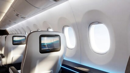 Modern Airplane Interior with In-Flight Entertainment Screens and Windows