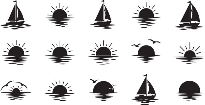 Sailboats and sunsets in calm waters with birds flying