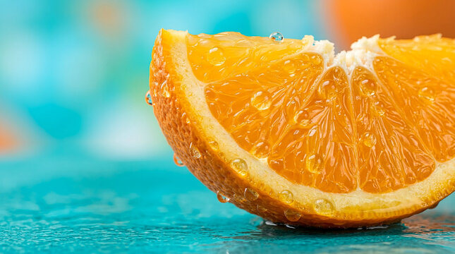 Extreme close-up of a fresh juicy orange wedge covered in water droplets on a wet turquoise surface