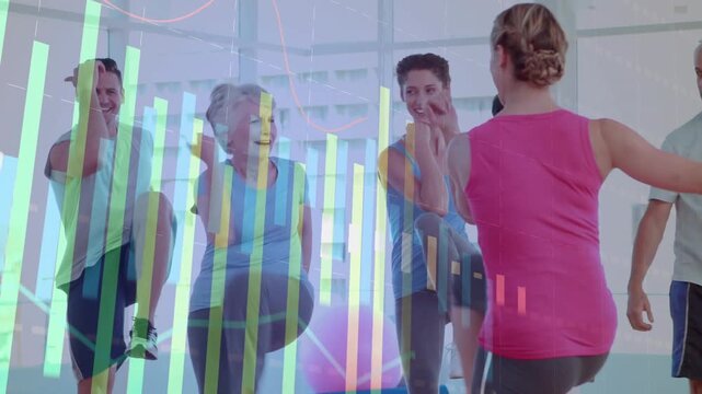 Instructor raising arms and stepping into march class following for fitness with bar charts syncing