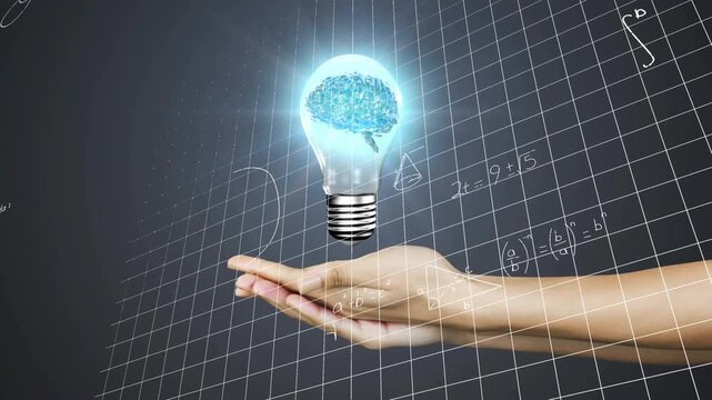 Presenting bare right hand holding glowing bulb with brain above tilted grid, with chalk equations