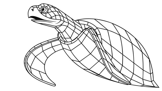 3d scientific mesh model of a sea turtle with curved triangular grid lines on a white background for graphic design and technology applications