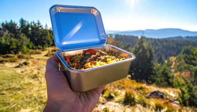 Human hand holding a portable solar powered food synthesizer, displaying a nutritious meal of nutrie in a vibrant outdoor mountain landscape with sunshine.