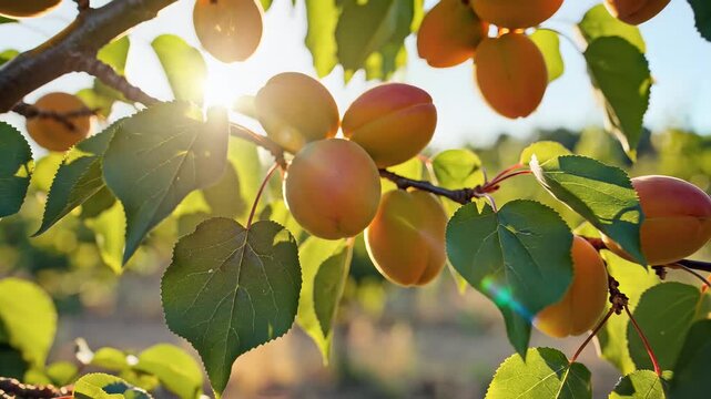 Ripe apricots on branch with green leaves illuminated by sunlight