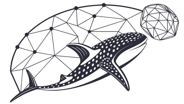 Whale and geometric shapes floating in digital environment futuristic illustration for technology and innovation concepts