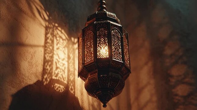 Close-up shot of a traditional lantern hanging from a ceiling with intricate patterns and a warm glow against a textured wall with ornate decorations
