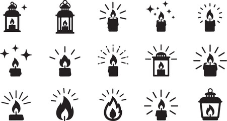 Fototapeta premium Black and white lantern icons with flame designs collection