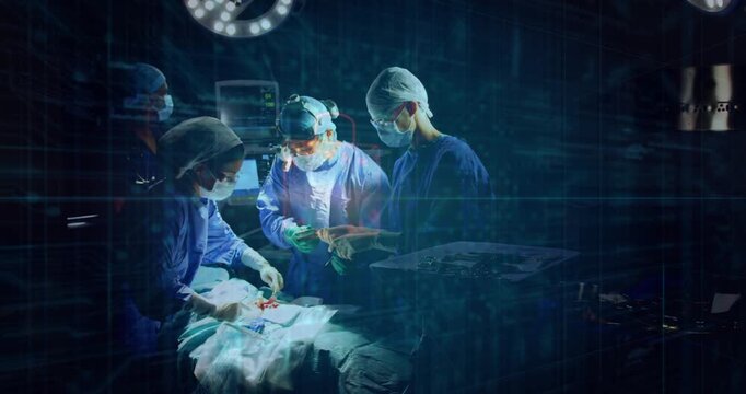 Operating surgical team gowned performing surgery at OR table under light, digital overlay visible