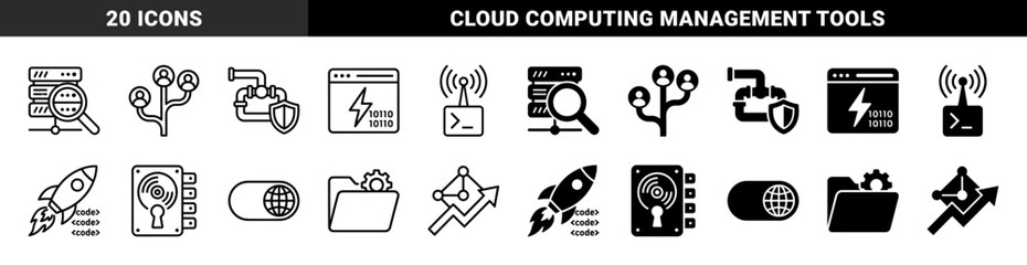 Fototapeta premium Hybrid Data Infrastructure and Network Security Icons Combining Server Analytics Cloud Connectivity Rocket Launch Code and Folder Management
