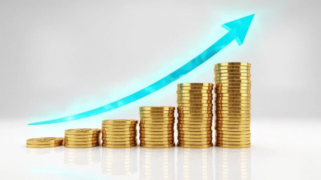 Wealth Accumulation Visualization inspired by coins growth chart, minimalist white environment where glossy coins rise in a stepped formation beneath a thin translucent upward arrow hovering above