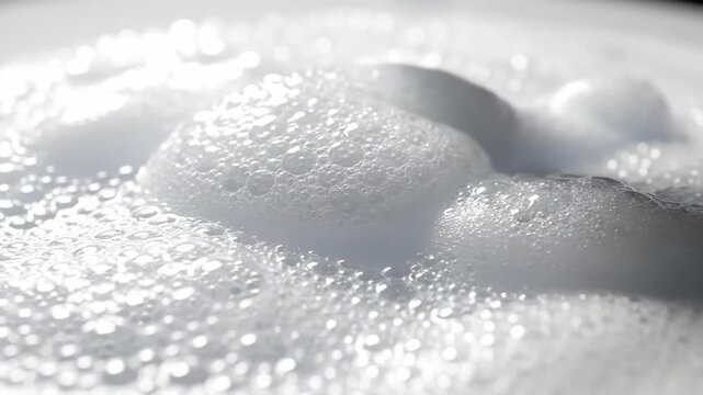 Video of Foam Cleanser Texture &ndash; Airy bubbles macro, bright white scene concept showcasing skincare purity, facial cleansing routine and cosmetic product branding for beauty, wellness and dermatology