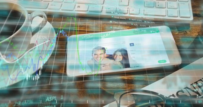 Smartphone showing couple pic as market feed starting stock charts sweeping over screen then fading