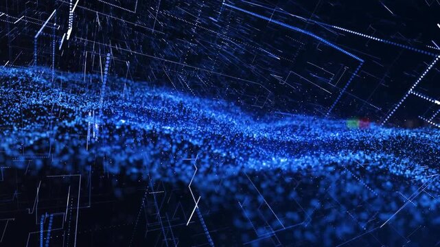 Blue particle wave reacting to camera shift and warm flares, thickening, pulsing, fading for tech