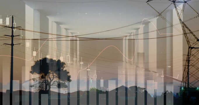 Pylons evolving from pole as many towers sliding in from right, candlestick tracking finance trends