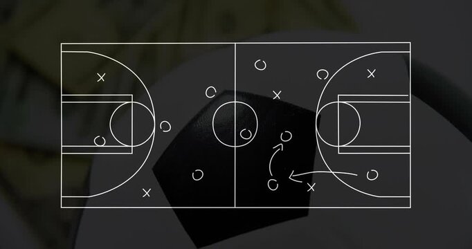 Pentagon starting sports court overlay drawing, tactical X or O marks and arrows evolving for coachi