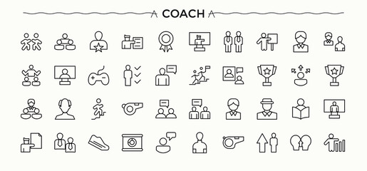 Coach related icon set. Leader vector line icon set. Contain linear sign trainer, leader, train, mentor, counselor, advice and more. Editable stroke. Vector collection.