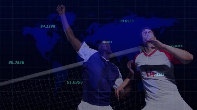 Incoming ball causing two players jumping to win header while sports data overlay tagging number 14