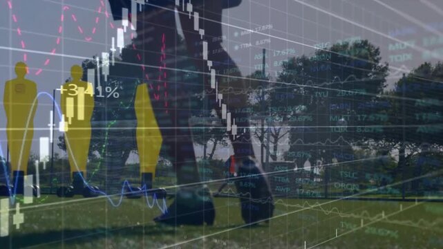 Male kicker approaching ball on grass, taking training shot while finance charts shifting