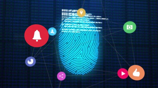 User-add icon growing fingerprint activating network for security icons enlarging code showing