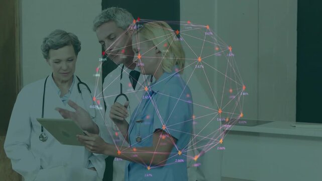 Nurse tapping tablet, MDs leaning in reviewing, dim network overlay hovering in clinic