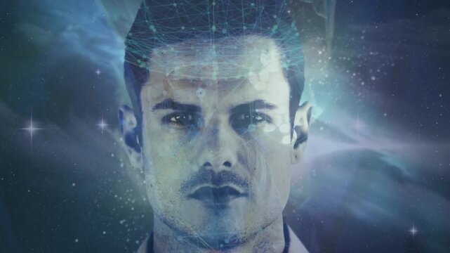 On playback man looking forward as thin network overlay growing across forehead, visualizing data