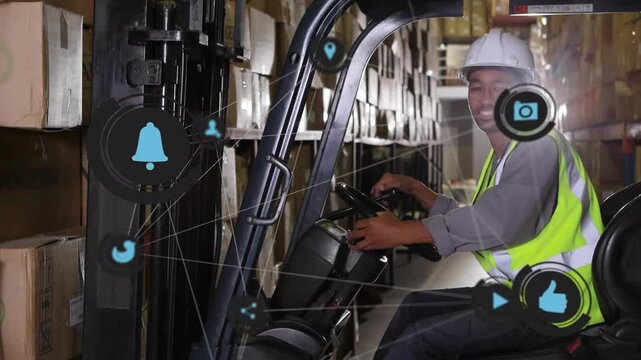 Operator using tablet in warehouse, causing bell pin search icons, adjusting levers for tracking