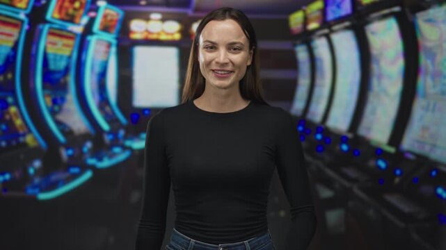 Woman at slot machine blowing kiss with hand to mouth, smiling, wearing black shirt and jeans in casino building; luck anticipation.