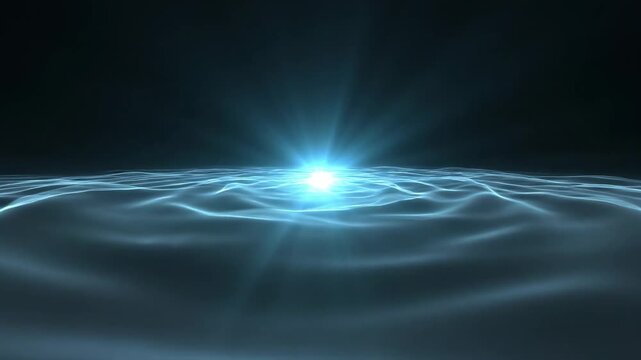 Futuristic dark space environment featuring a concentrated central energy glow radiating subtle concentric light waves across a near-black gradient field, barely visible volumetric mist catching the