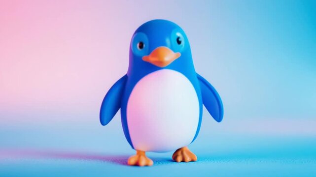 A cartoon penguin dances on a colorful background