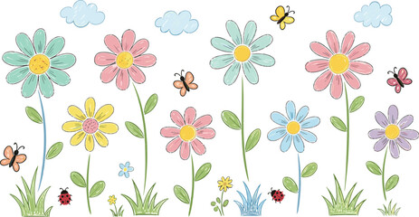 Cute Hand Drawn Spring Flowers and Garden Elements Collection Doodle Floral Plants with Butterflies Vector Illustration © EdGe Creative