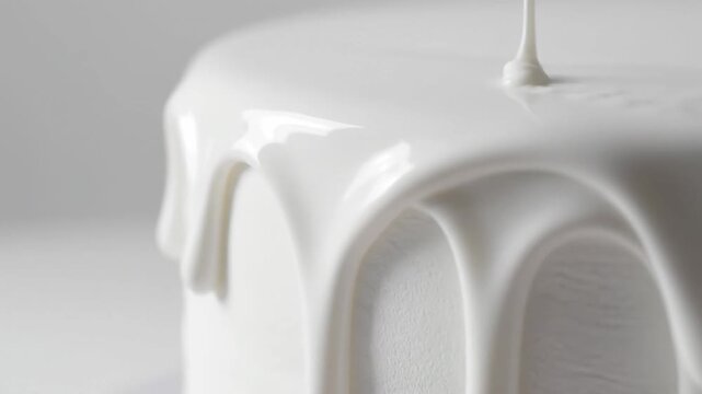 Video minimalist icing flow detail with elegant drip formation against bright studio backdrop for bakery branding, recipe media, and artisanal sweets storytelling.