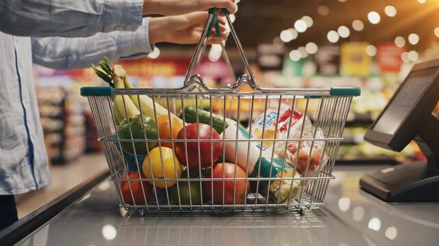 Video of Supermarket Basket Placement Shot &ndash; Metal handle motion, market vibe highlighting grocery shopping routine, consumer lifestyle and retail environment theme for commercial advertising and