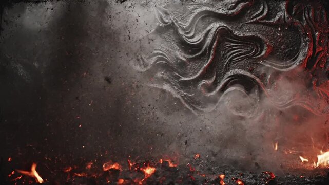 Apocalyptic scene of burning embers and smoke swirling in darkness