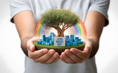 Naklejka premium A person's hands delicately cradle a miniature world, featuring a tree, buildings, and a rainbow. It's a symbolic scene of environmental responsibility and sustainability.