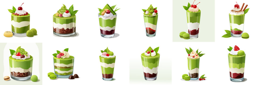 Matcha Dessert Cup Vector Set &ndash; Green Tea Parfait and Layered Dessert Illustration Collection