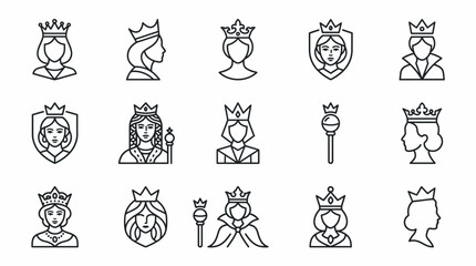Fototapeta premium Set of elegant outline icons featuring various regal queens and royal figures adorned with majestic crowns, symbolizing authority, leadership, and historical grace