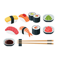 Assorted sushi and maki rolls with soy sauce and chopsticks illustration © adit