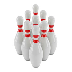 Set of eight white bowling pins with red stripes isolated on transparent background