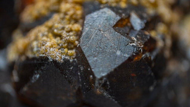 Macro garnet gray striated crystal faces displaying polygonal patterns alongside yellow granular minerals from Dalnegorsk, Russia, via microscope, 4x magnification, 9mm field view