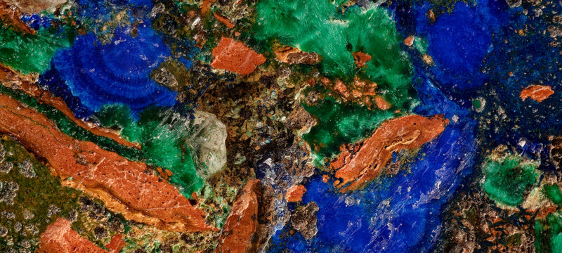 Macro azurite blue botryoidal masses alongside malachite green fibrous aggregates with goethite brown zones from Altai, Russia, via microscope, 5x magnification, 7.2mm field view