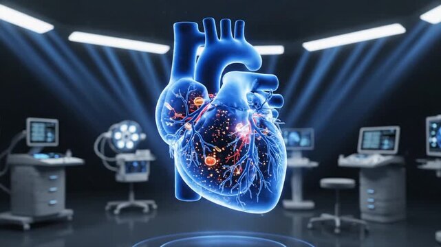 Glowing blue heart in medical room.
