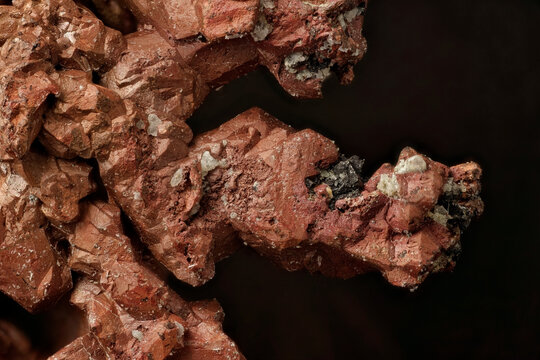Macro native copper intricate reddish brown crystal formations upon white matrix from Altai, Russia, via microscope, 5x magnification, 7.2mm field view