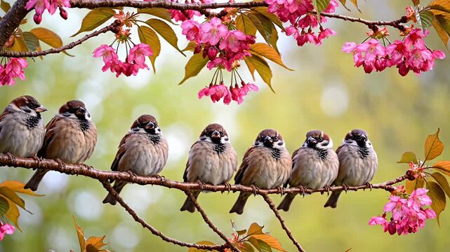 Six sparrows perching on a blooming cherry blossom branch in spring