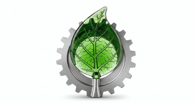 Isolated eco-friendly token with a detailed leaf growing out of a gear, made of recycled green glass and brushed aluminum, symbol of sustainable technology and nature, isolated on white background, st