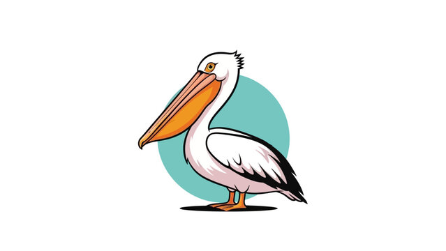 Cartoon pelican illustration against teal circle and white background