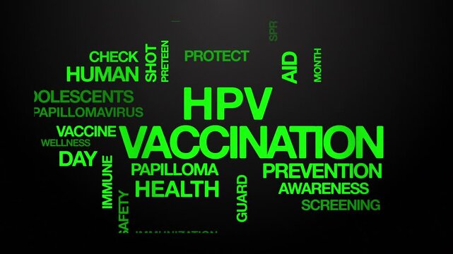 HPV vaccination concept Animated Tag Word Cloud kinetic typography, Text Design Animation typography seamless loop video motion graphics Intro Wordart Human Papillomavirus green type on black backdrop