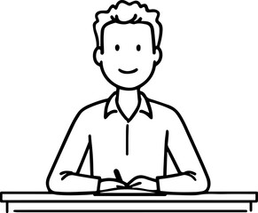 Obraz premium Hand Drawn Man Sitting at Desk Black and White Avatar Illustration in Minimal Line Art Style Design