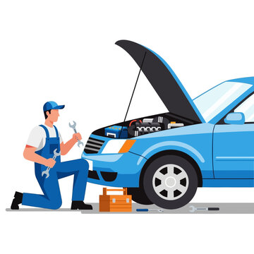 Mechanic working on car engine vector illustration automotive repair service